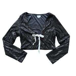 Le Lis Black Sequin Cropped Tie Front Jacket Size Medium